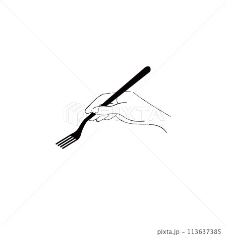 フォークを持つ手のイラスト　モノクロ　手書き風線画 113637385