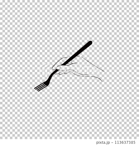 フォークを持つ手のイラスト　モノクロ　手書き風線画 113637385