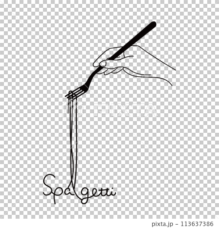 Monochrome illustration of a hand holding a fork with pasta in it Monochrome illustration of a hand holding a fork with pasta in it 113637386