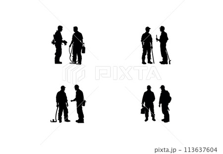 Fireman and plumber silhouette set, plumber wearing uniforms silhouette bundle 113637604