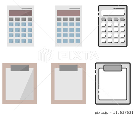 いろいろなテイストのアイコン|電卓とクリップボード いろいろなテイストのアイコン|電卓とクリップボード 113637631