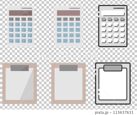 いろいろなテイストのアイコン|電卓とクリップボード いろいろなテイストのアイコン|電卓とクリップボード 113637631