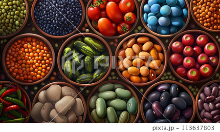 A variety of colorful vegetables and legumes in wooden bowls. A variety of colorful vegetables and legumes in wooden bowls. 113637803