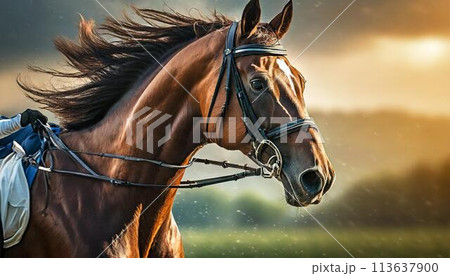 自然の中を走る競走馬の横顔 113637900