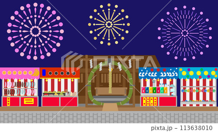 夏越大祓と夏祭りの屋台が並んだ背景のイラスト 夏越大祓と夏祭りの屋台が並んだ背景のイラスト 113638010