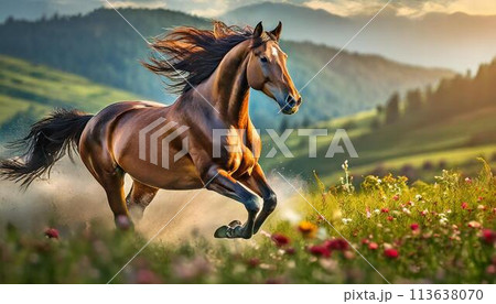 夕日に照らされた自然の中を駆ける馬 113638070