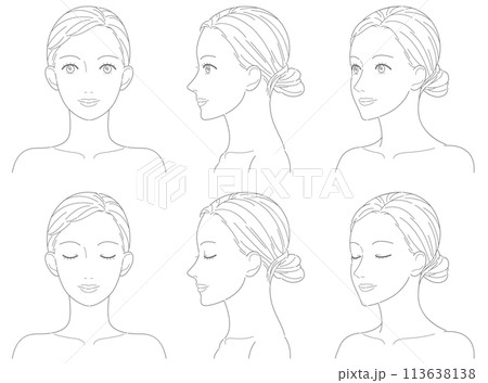 女性　正面　横顔　斜め　線画　ベクター 113638138