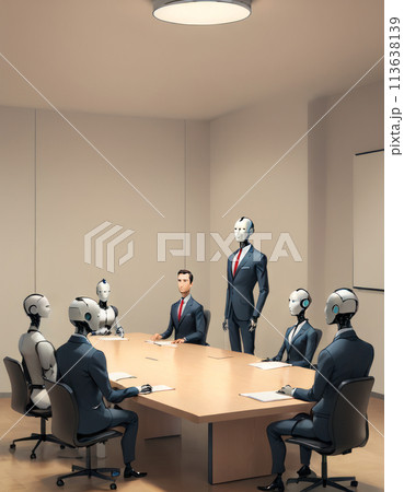 会議室で会議するビジネスマン 人間 AIロボット 混在 113638139