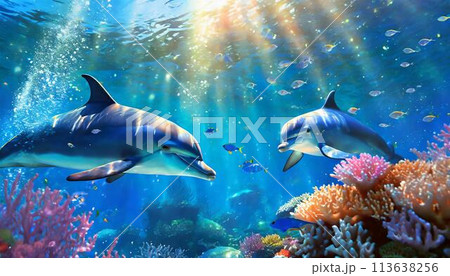 綺麗な海の中を泳ぐイルカと海の生き物 113638256