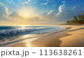 波が打ち寄せる夕陽が綺麗な砂浜 113638261
