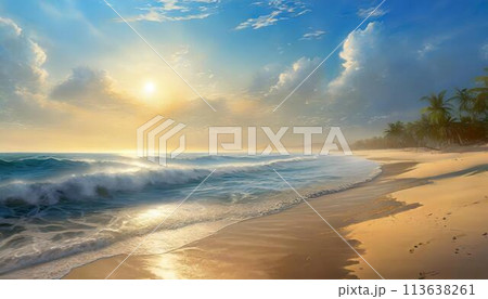 波が打ち寄せる夕陽が綺麗な砂浜 113638261