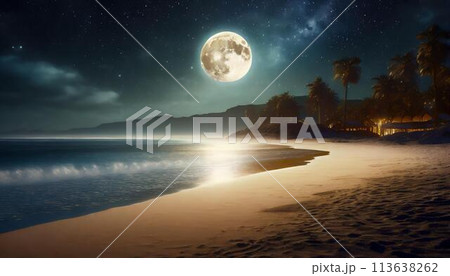 夜空に輝く満月と湖に反射した満月の風景画 113638262