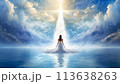 神秘的な海と雲と女性の後ろ姿 113638263