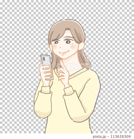 A smiling woman operating a smartphone A smiling woman operating a smartphone 113638309