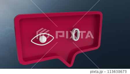 Image of eye icon with numbers on speech bubble over sky and clouds 113638673
