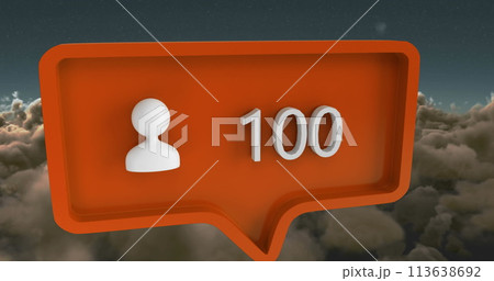 Image of people icon with numbers on speech bubble over sky and clouds 113638692