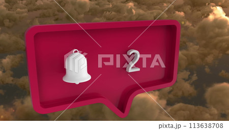 Image of alert icon with numbers on speech bubble over sky and clouds 113638708