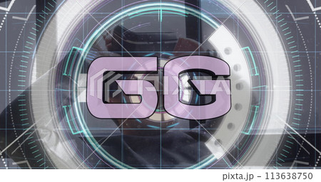 Image of 6g text, scope scanning over smiling man wearing vr headset 113638750