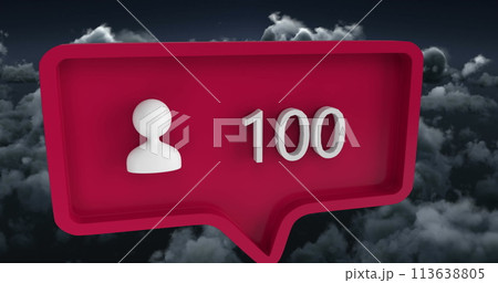 Image of people icon with numbers on speech bubble over sky and clouds 113638805