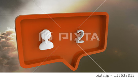 Image of people icon with numbers on speech bubble over sky and clouds 113638813