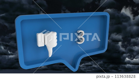 Image of unlike icon with numbers on speech bubble over sky and clouds 113638828
