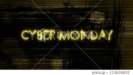 Image of cyber monday text in yellow neon over flickering lines on distressed background Image of cyber monday text in yellow neon over flickering lines on distressed background 113638832