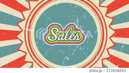 Image of sales text in rainbow outline over spinning retro blue and red stripes in background 113638843