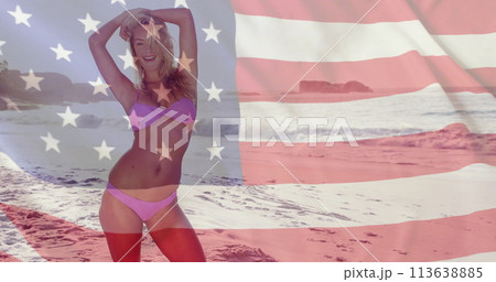 Image of flag of usa over caucasian woman on beach in summer 113638885