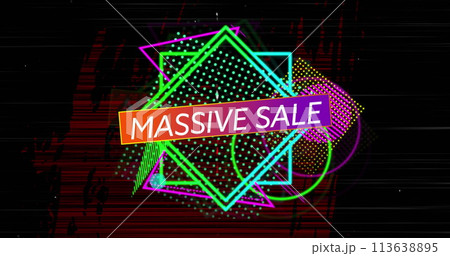 Image of massive sale text over purple banner on vibrant shapes on red flickering background Image of massive sale text over purple banner on vibrant shapes on red flickering background 113638895