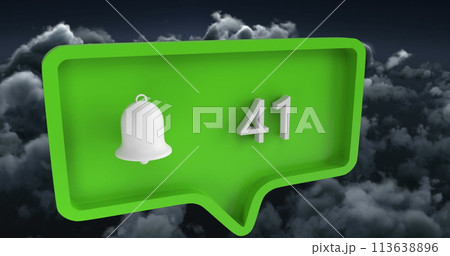 Image of alert icon with numbers on speech bubble over sky and clouds 113638896