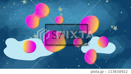 Image of sale text in black in black frame over multi coloured splodges on blue sky with stars 113638922