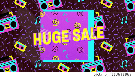 Image of retro huge sale text over pink square and retro tapes on brown background 113638965