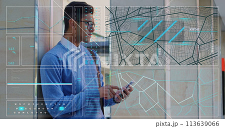 Image of data processing over biracial man using smartphone Image of data processing over biracial man using smartphone 113639066