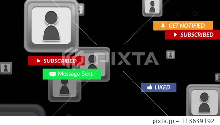 Image of falling social media icons and emojis over black background Image of falling social media icons and emojis over black background 113639192