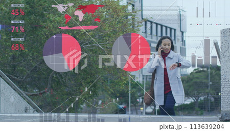 Image of data processing over biracial woman using smartphone Image of data processing over biracial woman using smartphone 113639204
