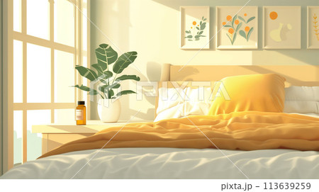 Close-up of a prescription bottle on a nightstand in a bedroom, under natural morning light creating a hopeful atmosphere. Generative AI. 113639259