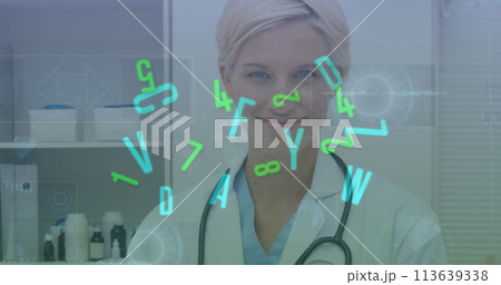Image of data processing and letters changing over female doctor with stethoscope 113639338