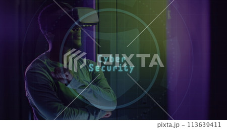 Image of padlock over african american male server room worker 113639411