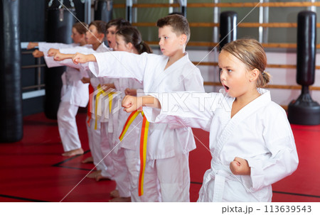Group of girls and boys in kimono doing kata 113639543