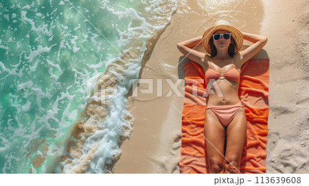 砂浜で夏を満喫する水着の女性 113639608