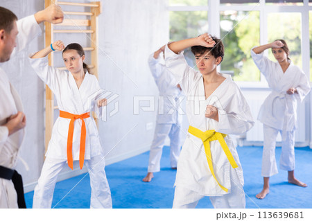 Children students repeat position and perform sequence of punches and painful techniques kata 113639681