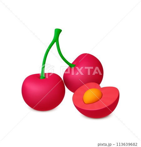Cherry 3d elements. Isolated cherries render objects. Summer sweet vitamin berry. Natural fresh food, organic vector berries 113639682