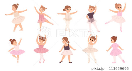 Girl ballet dancer. Little girls dancing in tutu skirt, cartoon isolated cute tiny characters. Classic dance lesson in class, hobby snugly vector collection Girl ballet dancer. Little girls dancing in tutu skirt, cartoon isolated cute tiny characters. Classic dance lesson in class, hobby snugly vector collection 113639696