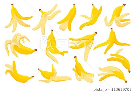 Isolated cartoon banana peels. Yellow peel, organic tropical fruit garbage. Slippery waste for comic. Neoteric fresh vegan food vector concept 113639705