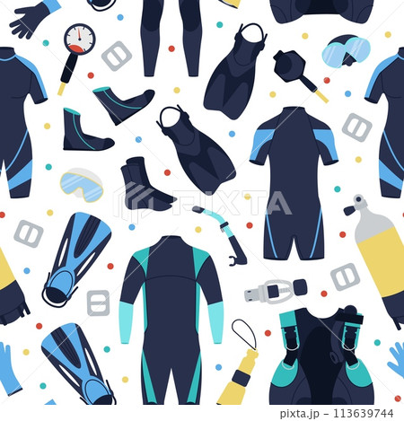 Scuba diving seamless pattern. Snorkeling hobby, underwater exploring elements. Tourist activity in ocean, suits and equipment decent vector background Scuba diving seamless pattern. Snorkeling hobby, underwater exploring elements. Tourist activity in ocean, suits and equipment decent vector background 113639744