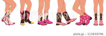 Legs in cowboy boots. Cowgirl leg, fashion young women wear wild west style shoes. Western and texas, cartoon trendy accessories decent vector set 113639746