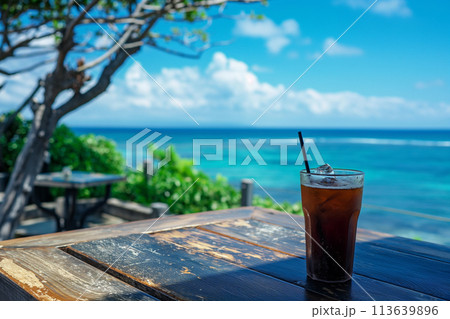 海の見えるカフェで美味しいアイスコーヒー 113639896