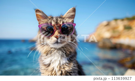 海とサングラスを掛けたネコ	 113639927