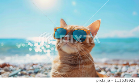海とサングラスを掛けたネコ	 113639928