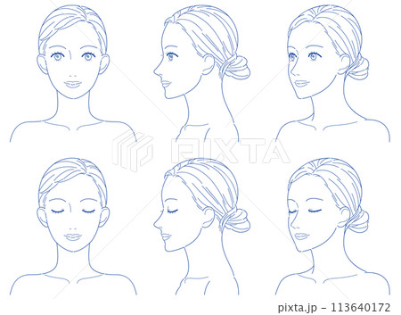 女性　正面　横顔　斜め　線画　加工用カラー 113640172